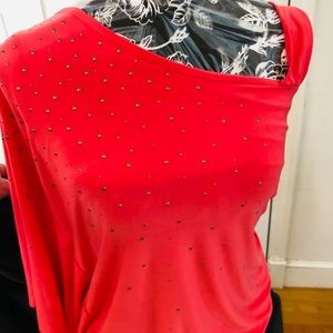 Vince Camuto  coral one shoulder top with 3/4 dolman sleeve top, studded, large